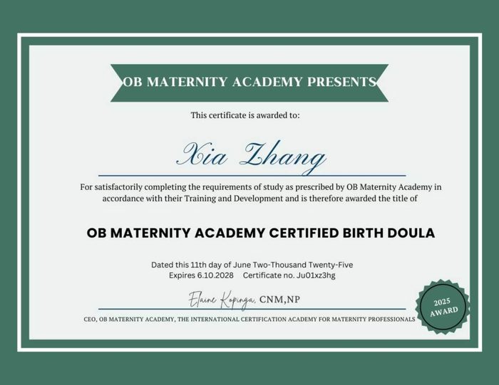OB Maternity Academy Certified Birth Doula certificate