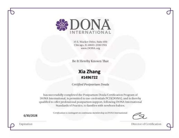 DONA International Certified Postpartum Doula certificate